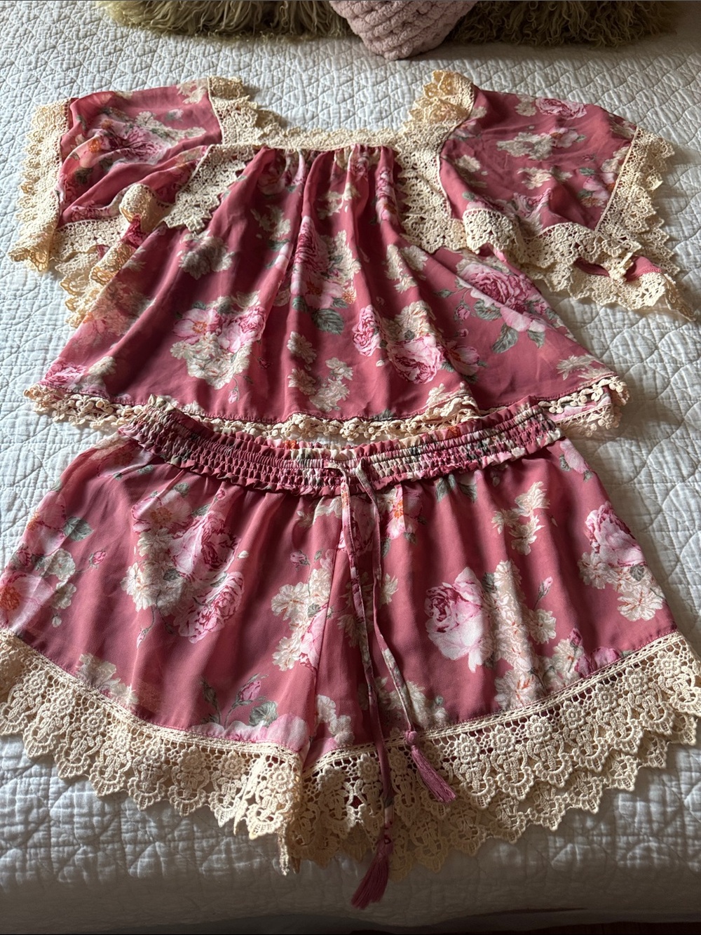 Floral Lace Trim Pink Sleep Set